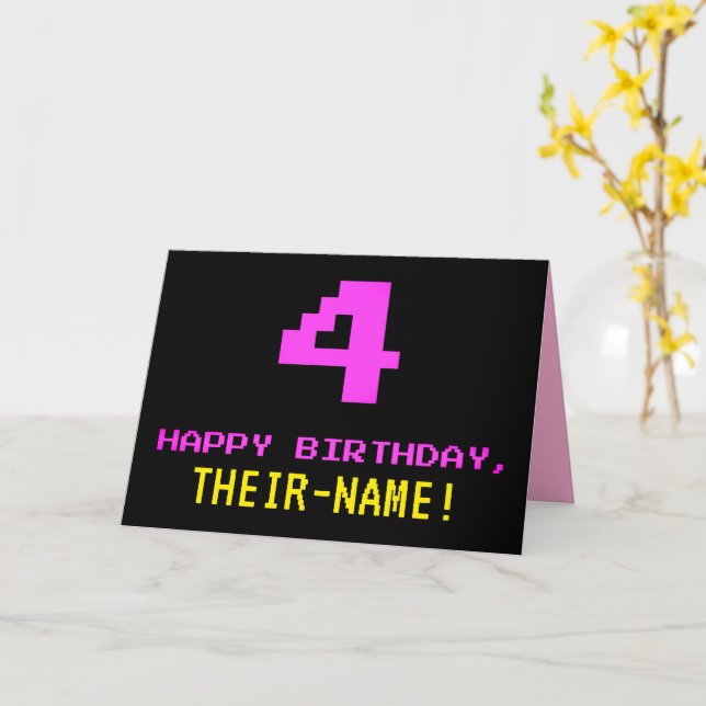 Fun, Nerdy, Geeky, Pink, 8-Bit Style 4th Birthday Card (Yellow Flower)
