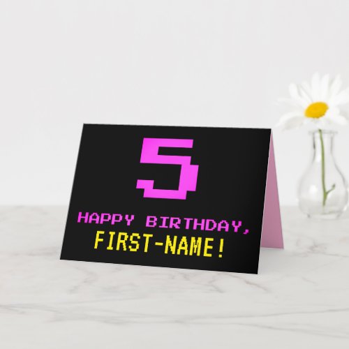 Fun Nerdy Geeky Pink 8_Bit Style 5th Birthday Card