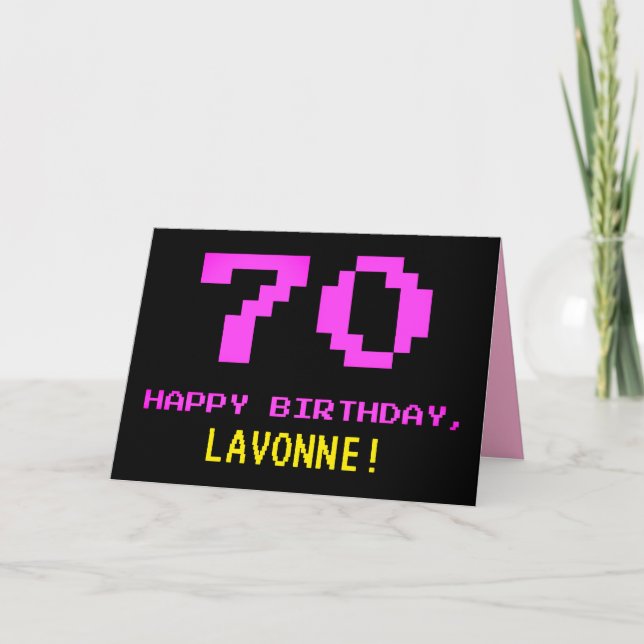 Fun, Nerdy, Geeky, Pink, 8-Bit Style 70th Birthday Card (Front)