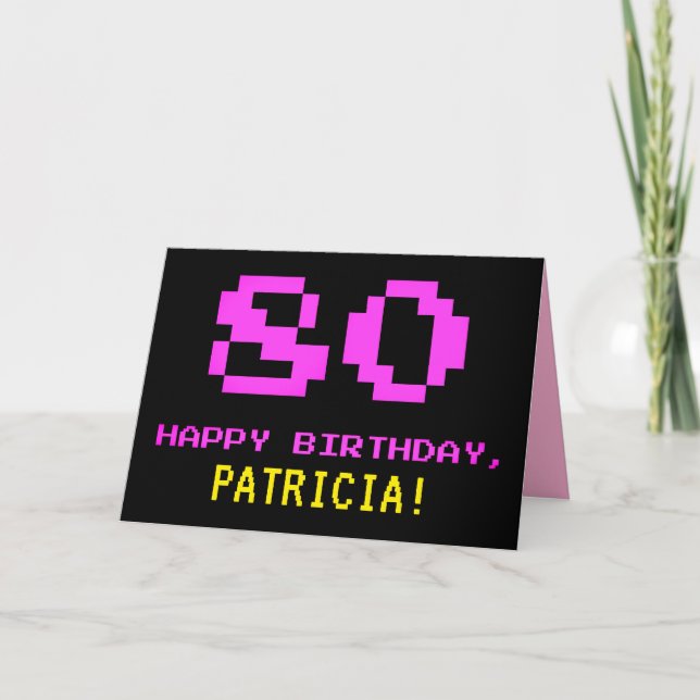 Fun, Nerdy, Geeky, Pink, 8-Bit Style 80th Birthday Card (Front)