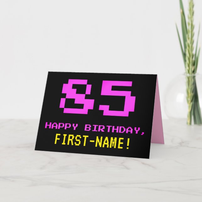 Fun, Nerdy, Geeky, Pink, 8-Bit Style 85th Birthday Card (Front)