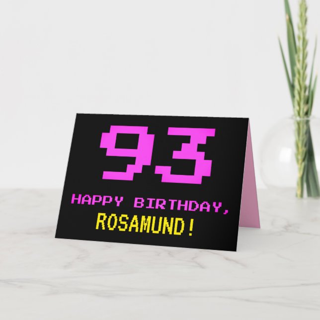 Fun, Nerdy, Geeky, Pink, 8-Bit Style 93rd Birthday Card (Front)