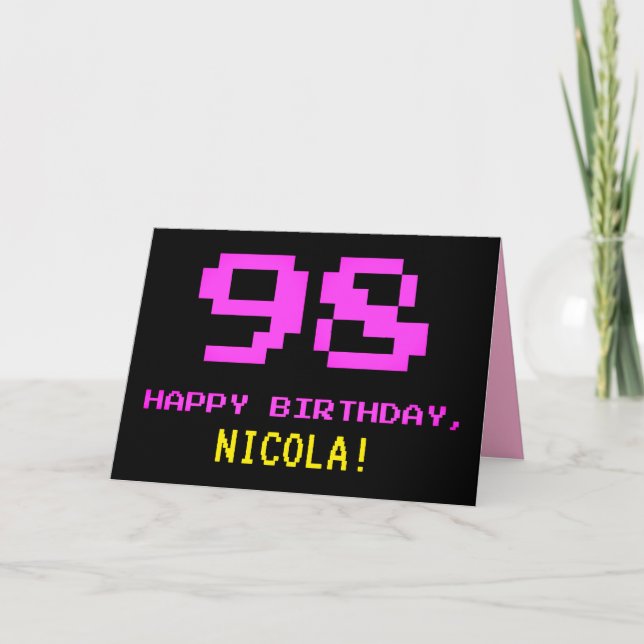 Fun, Nerdy, Geeky, Pink, 8-Bit Style 98th Birthday Card (Front)