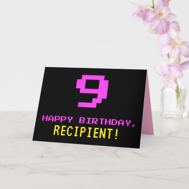 Fun, Nerdy, Geeky, Pink, 8-Bit Style 9th Birthday Card (Orchid)