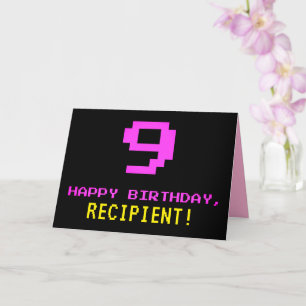Fun, Nerdy, Geeky, Pink, 8-Bit Style 9th Birthday Card
