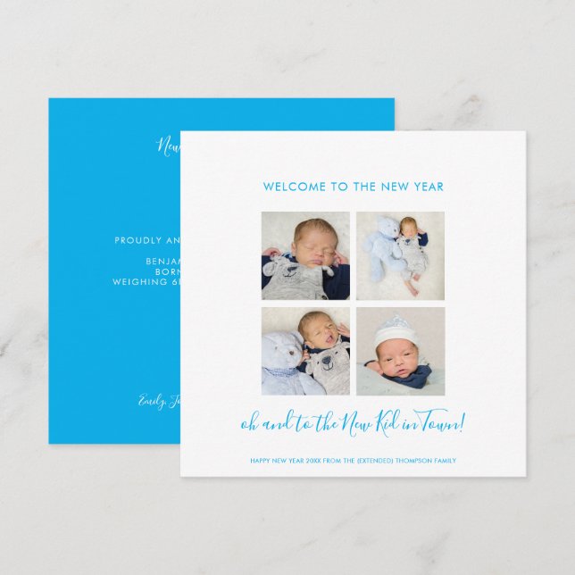 Fun New Baby Happy New Year 4 Photo Collage Blue (Front/Back)