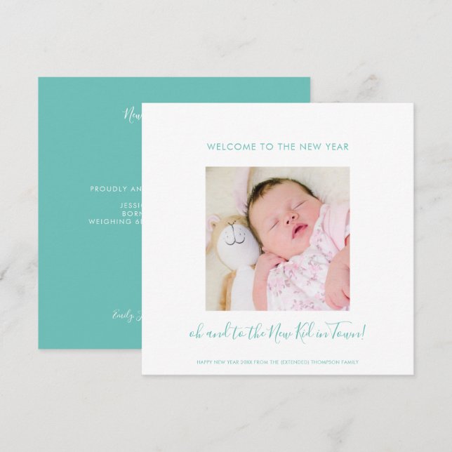 Fun New Baby Happy New Year One Photo Teal White (Front/Back)