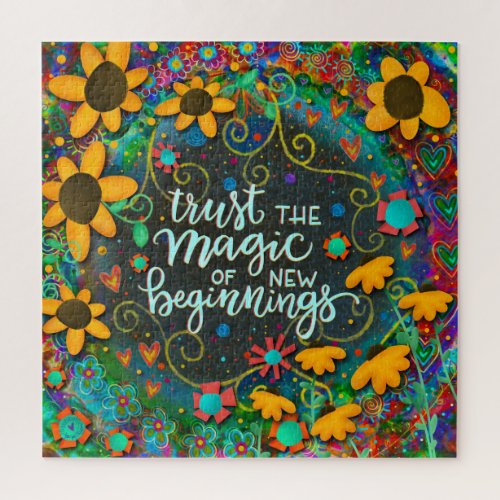 Fun New Beginnings Quote Heart Flowers Pretty   Jigsaw Puzzle