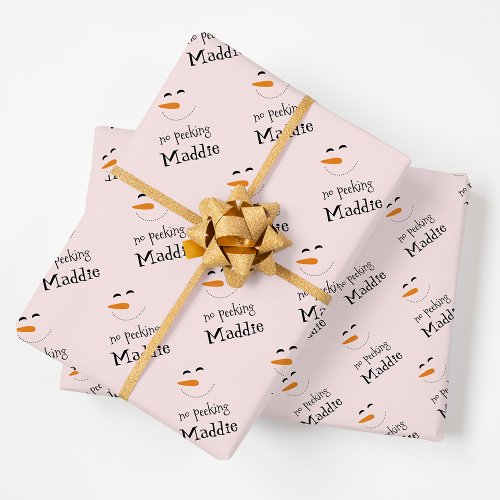 Fun No Peeking Snowman Pink Named Wrapping Paper