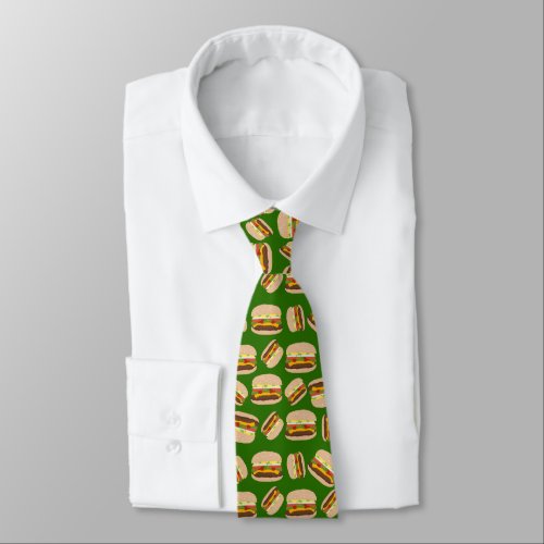 Fun Novelty Cheeseburger Pattern Green Neck Tie