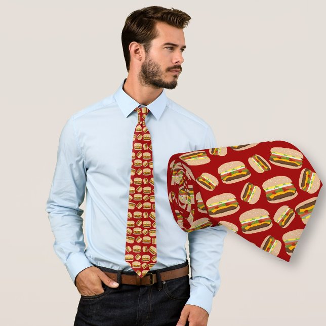 Fun Novelty Cheeseburger Pattern Red Neck Tie (Creator Uploaded)