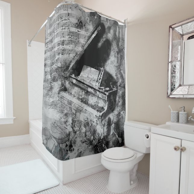 Fun Novelty Piano Music Notes Collage Art Shower Curtain (In Situ)