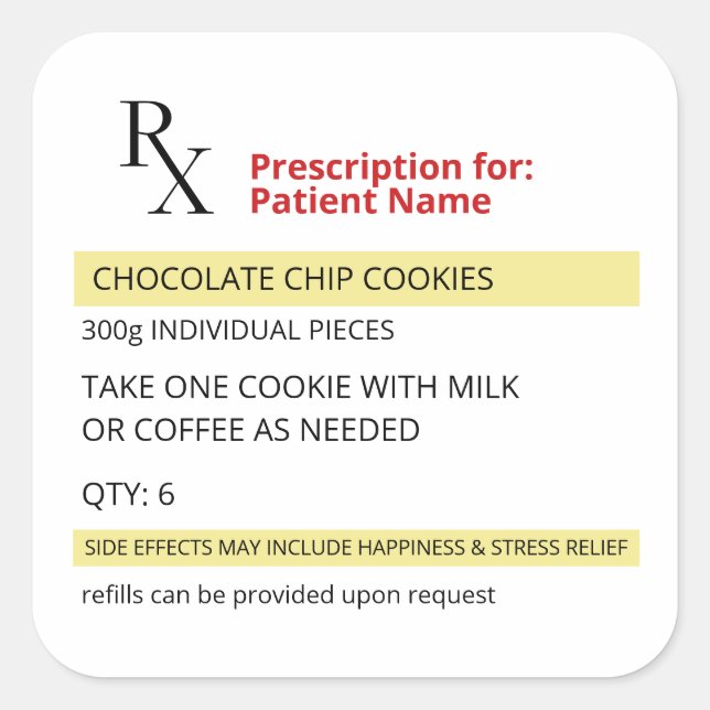Fun Novelty Rx Prescription Cookie Label Sticker (Front)