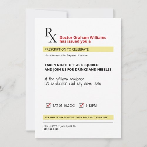 Fun Novelty Rx Prescription Doctor Retirement Invitation