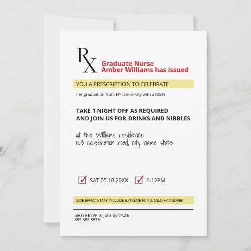 Fun Novelty Rx Prescription Nurse Graduation  Invitation