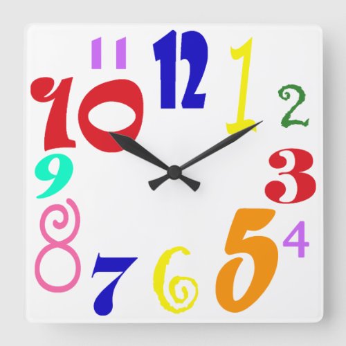 Fun numbers _ multicoloured funky numbers on white square wall clock