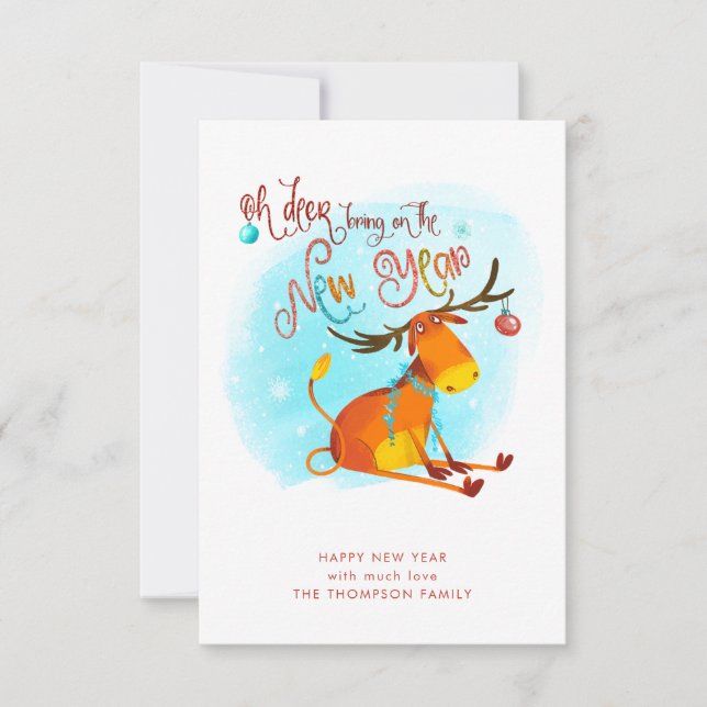 Fun Oh Deer Bring On The New Year Greetings Note Card (Front)