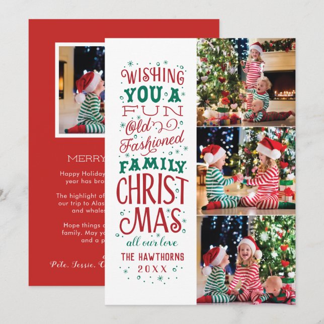 Fun Old Fashioned Family Christmas Three Photo Holiday Card (Front/Back)