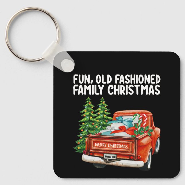 Fun Old Fashioned Family Christmas Truck Tree Keychain (Front)