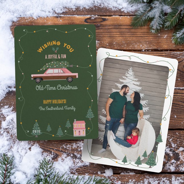 Fun Old-Time Christmas Pink Retro Car Tree Photo Holiday Card (Fun Old-Time Christmas Pink Retro Car Tree Photo Holiday Card)