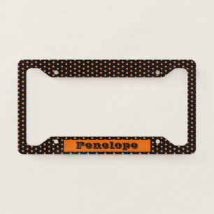 Fun Orange and Black Polka Dot Pattern with Name License Plate Frame