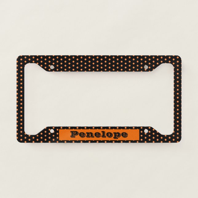 Fun Orange and Black Polka Dot Pattern with Name License Plate Frame (Front)