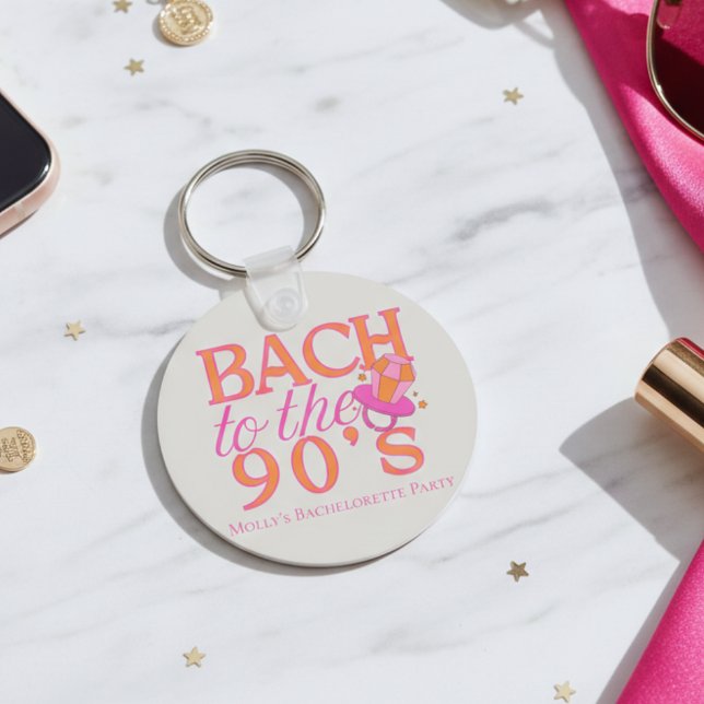Fun Orange and Pink 90s Retro Bachelorette Keychain (90s Retro Bachelorette Keychain)