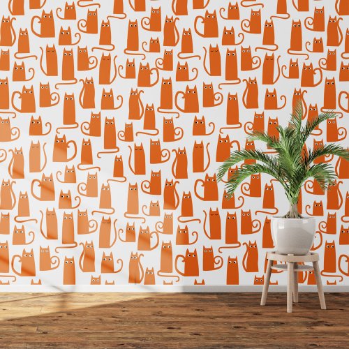 Fun Orange and White Cat Pattern Wallpaper