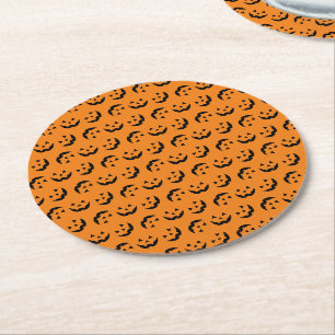 Fun orange black jack o lantern pattern Halloween Round Paper Coaster