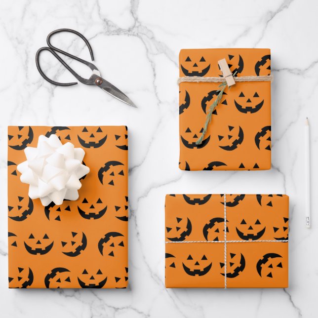 Fun orange black jack o lantern pattern Halloween Wrapping Paper Sheets (Front)
