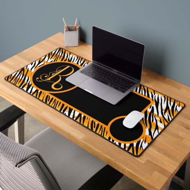 Fun Orange Black White Tiger Stripes Monogram M Desk Mat (Office 2)