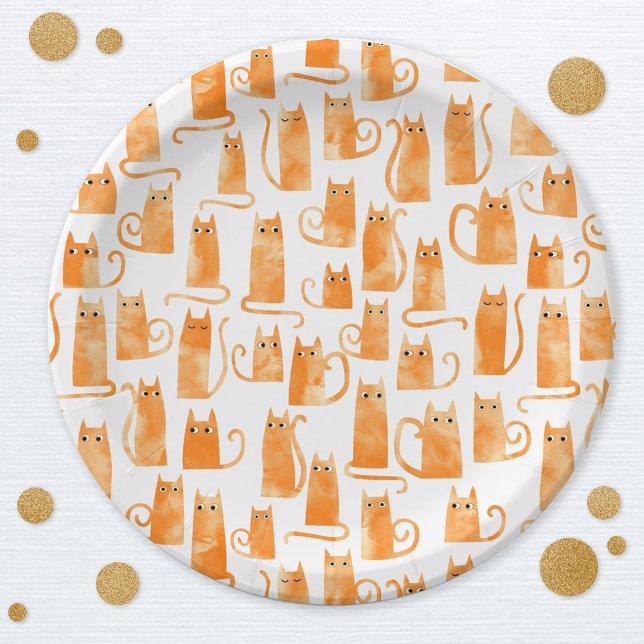 Fun Orange Cat Paper Plates (Watercolor Orange Ginger Cat pattern fun party paper plates)