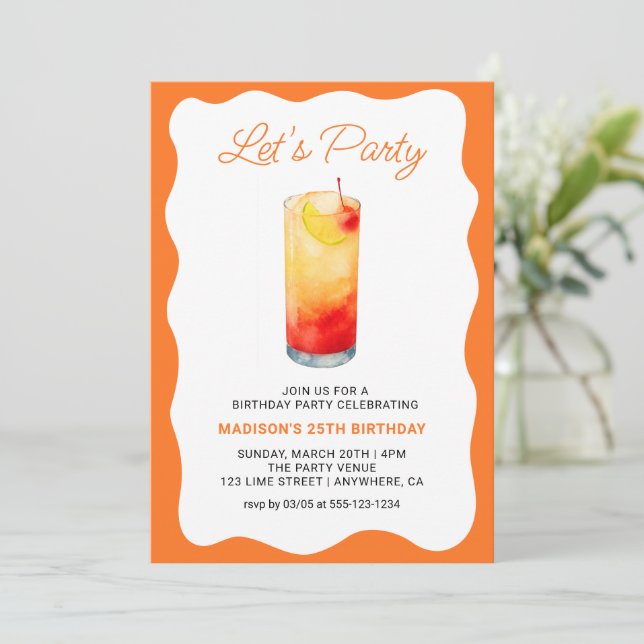 Fun Orange Chic Wavy Summer Cocktail Birthday Invitation (Standing Front)