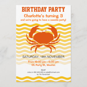 Fun orange crab on a sandy seashore party invitation