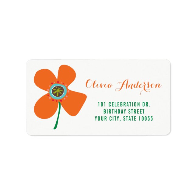 Fun Orange Daisy Pop Girl Birthday Party Address Label (Front)