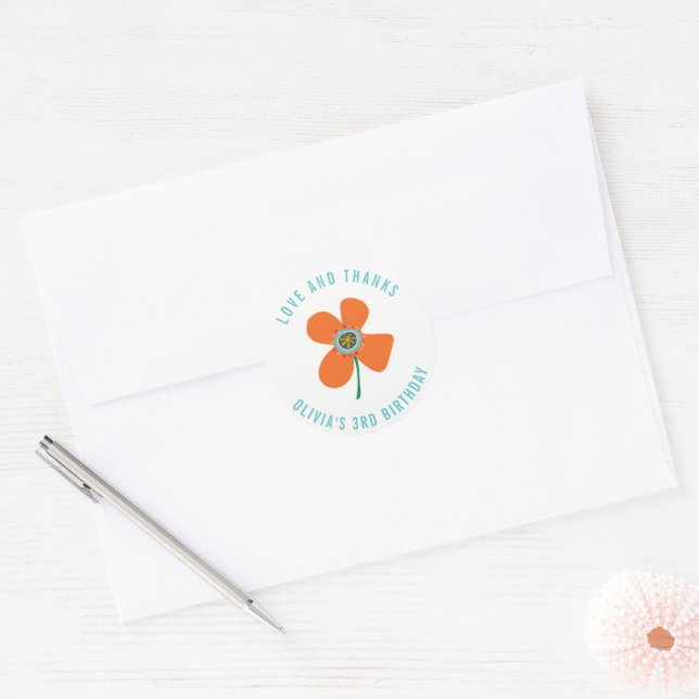 Fun Orange Daisy Pop Girl's Birthday Party Favor Classic Round Sticker (Envelope)