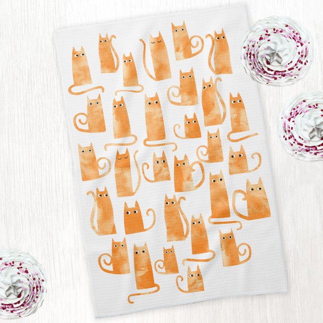 Fun Orange Ginger Cat Kitchen Towel (Orange ginger cat watercolor kitchen tea towel)