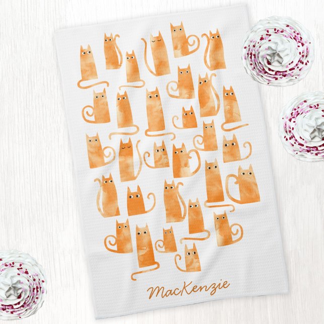 Fun Orange Ginger Cat Personalized Kitchen Towel (Orange ginger cat watercolor personalized custom name kitchen tea towel)