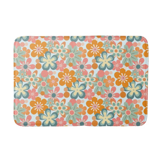 Fun Orange Green Pink Retro Flower Pattern Bath Mat (Front)