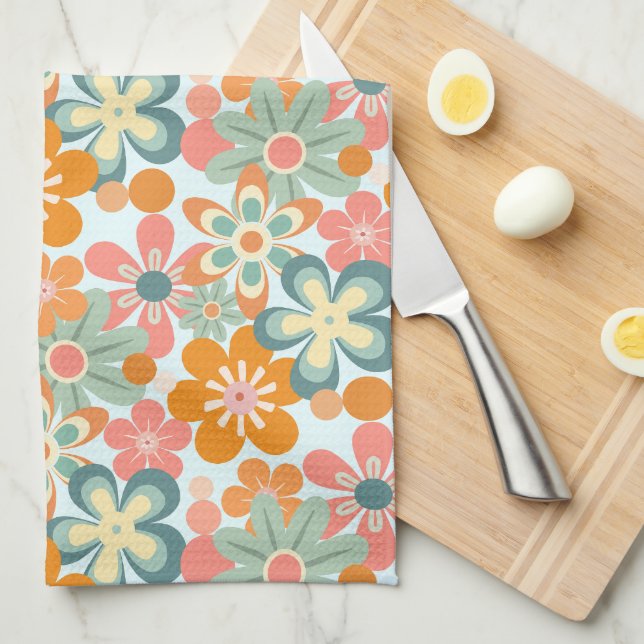 Fun Orange Green Pink Retro Flower Pattern Kitchen Towel (Quarter Fold)