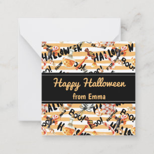Fun Orange  "Happy Halloween" Pattern Custom Name Note Card