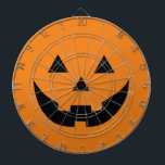 Fun orange Jack o lantern pumpkin face Halloween Dart Board<br><div class="desc">Cute fun orange and black Jack o lantern pumpkin face scary spooky funny modern Halloween Dart Board decorations. 
Black jack o lantern face on solid orange background.
Check the rest of the collection for coordinating and matching items and additional Halloween party supplies and decorations.</div>