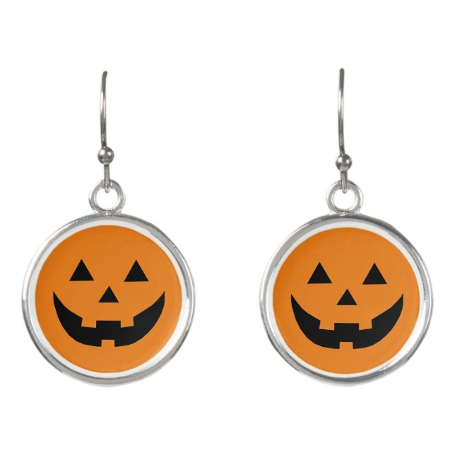 Fun orange Jack o lantern pumpkin face Halloween Earrings (Front)