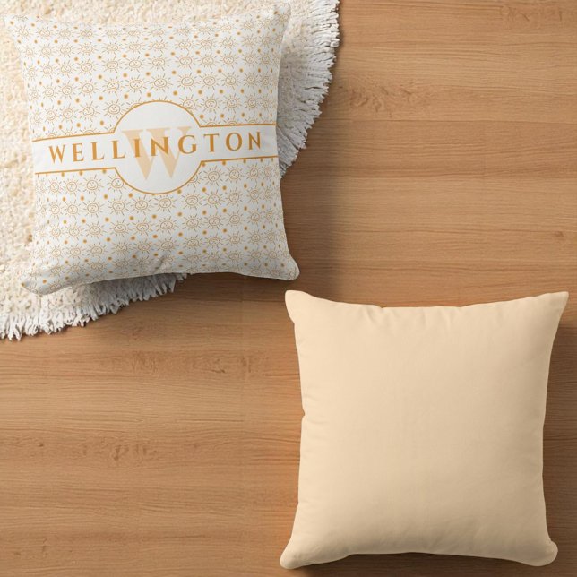 Fun Orange Monogram Name Hand Drawn Sun Throw Pillow (Front and back monogram matching color back)