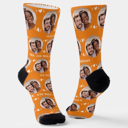 Fun Orange Newlyweds Photo Pattern Socks