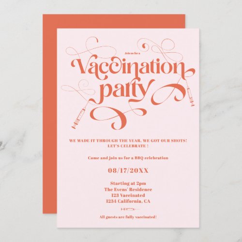 Fun orange pink retro script Vaccination party Invitation