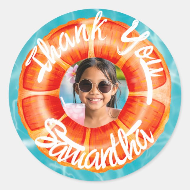 Fun Orange Pool Party Thank You Classic Round Sticker (Front)