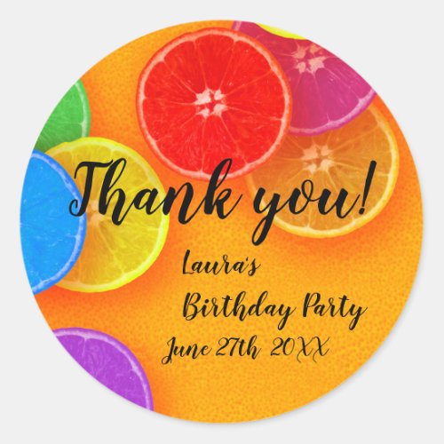 Fun orange slices Thank you Birthday Party Classic Round Sticker