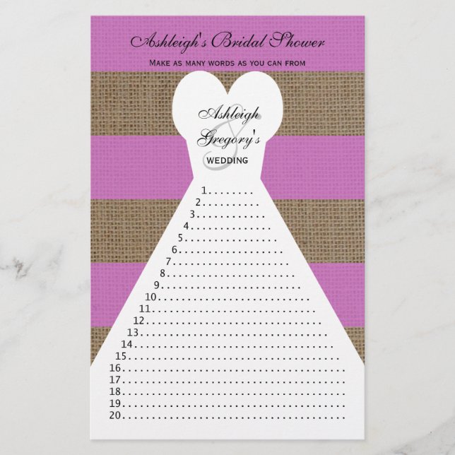 Fun Orchid or Purple Bridal Shower Word Games (Front)