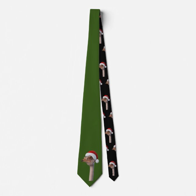 Fun Ostrich Weating Santa Hat Animal Humor Neck Tie (Front)